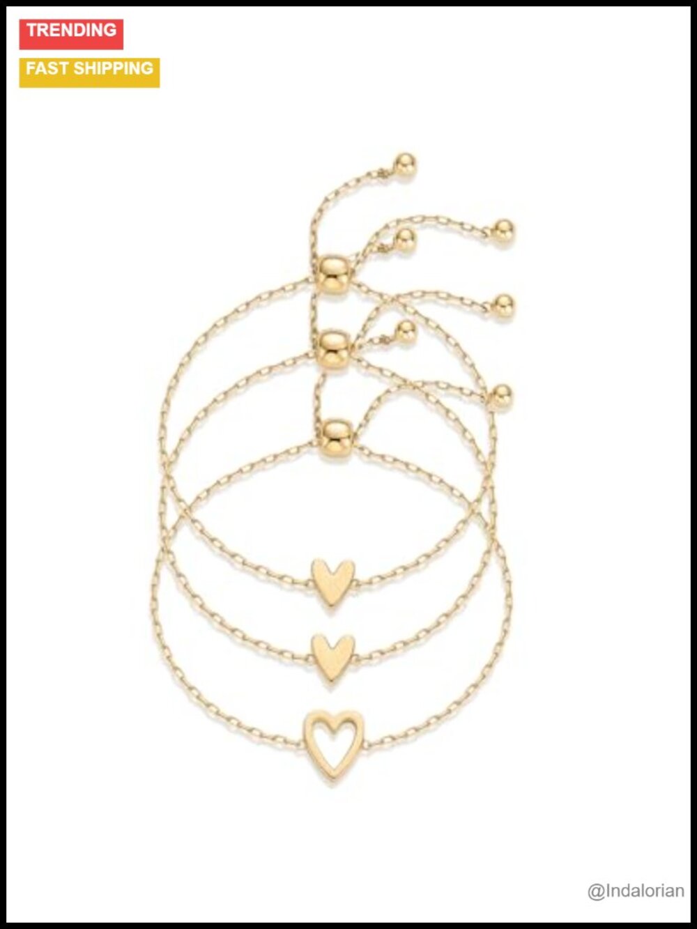 14K Gold Plated Heart Charm Bracelet Set Adjustable Slider 3pc